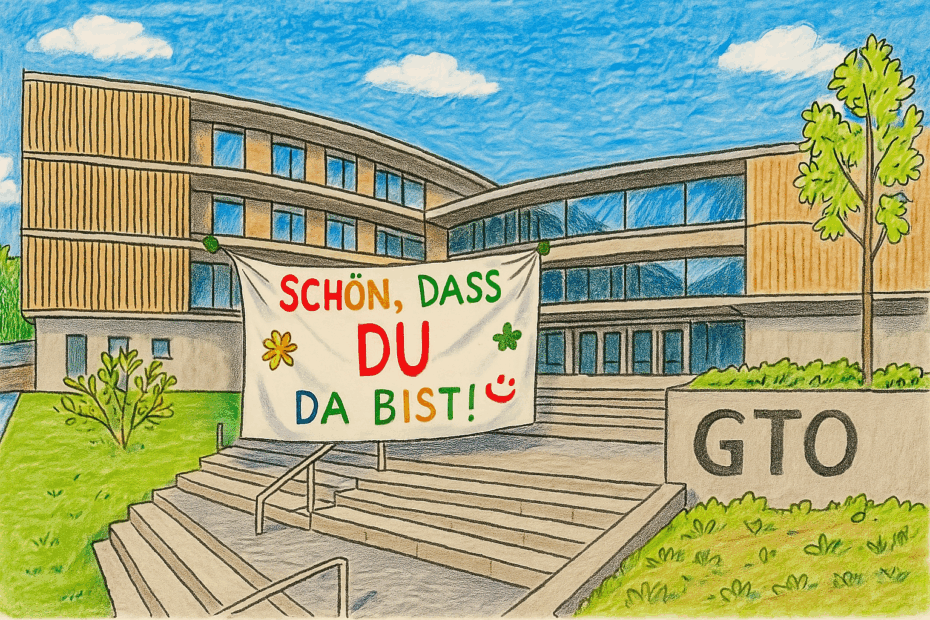 Symbolbild des Hauptgebäudes mit einer Nachricht: Schön, dass du da bist.